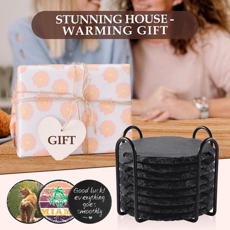 GOH DODD Slate Drink Coasters with Metal Holder, GOH DODD Set of 8 Black Coasters, 4 Inch Stone Coaster Set Tabletop Protection for Home Kitchen Apartment Bar Decor Housewarming Gifts Wedding Party, Round - Image 4